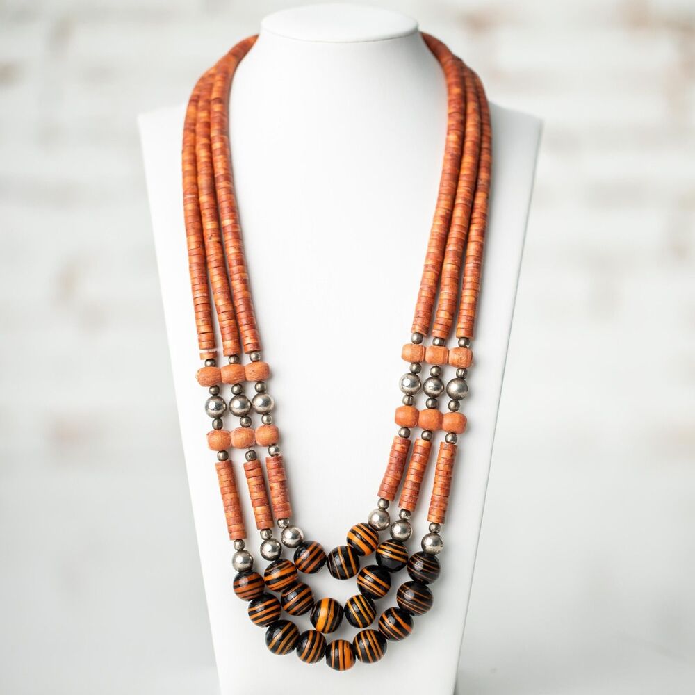 Vintage Tribal Multi Strand Wood Bead Necklace Orange Black Striped Statement